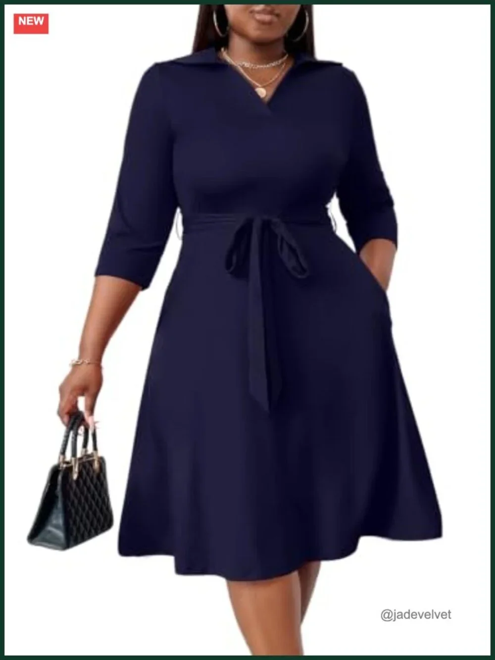 Plus Size Midi Dress Fit & Flare with Pockets and Belt 95% Polyester 5% Spandex